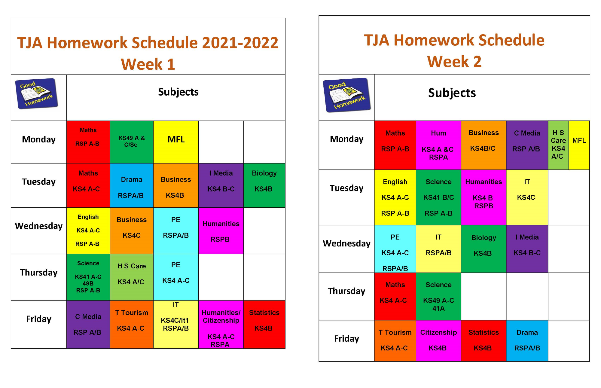 A table showing the Jubilee Academy Homework Schedule for week 1 and 2