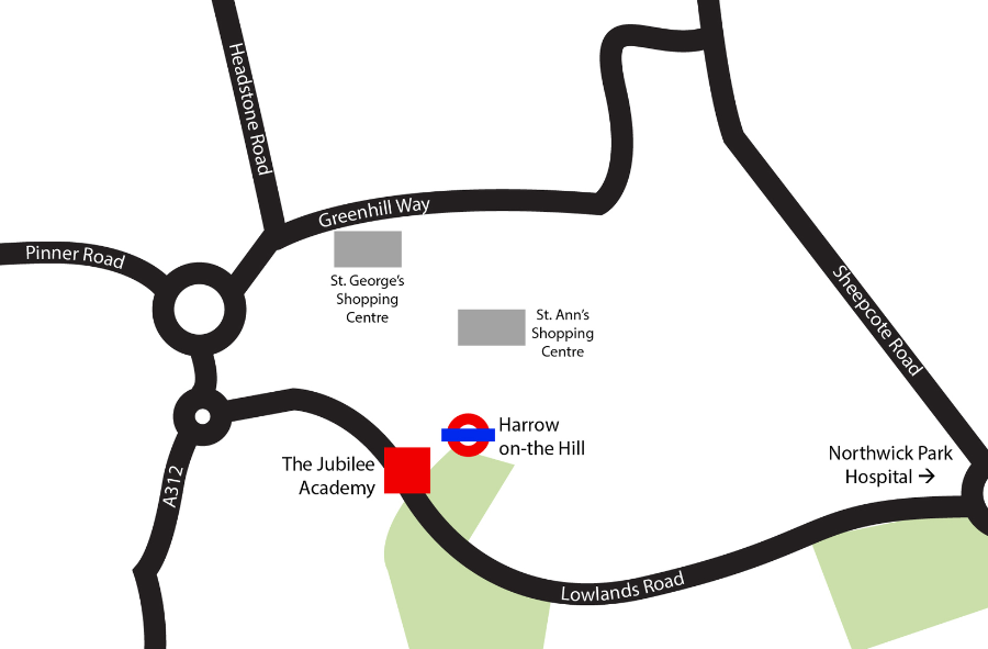 A Map showing the location of the Jubilee Academy, Highlighted with a Red square
