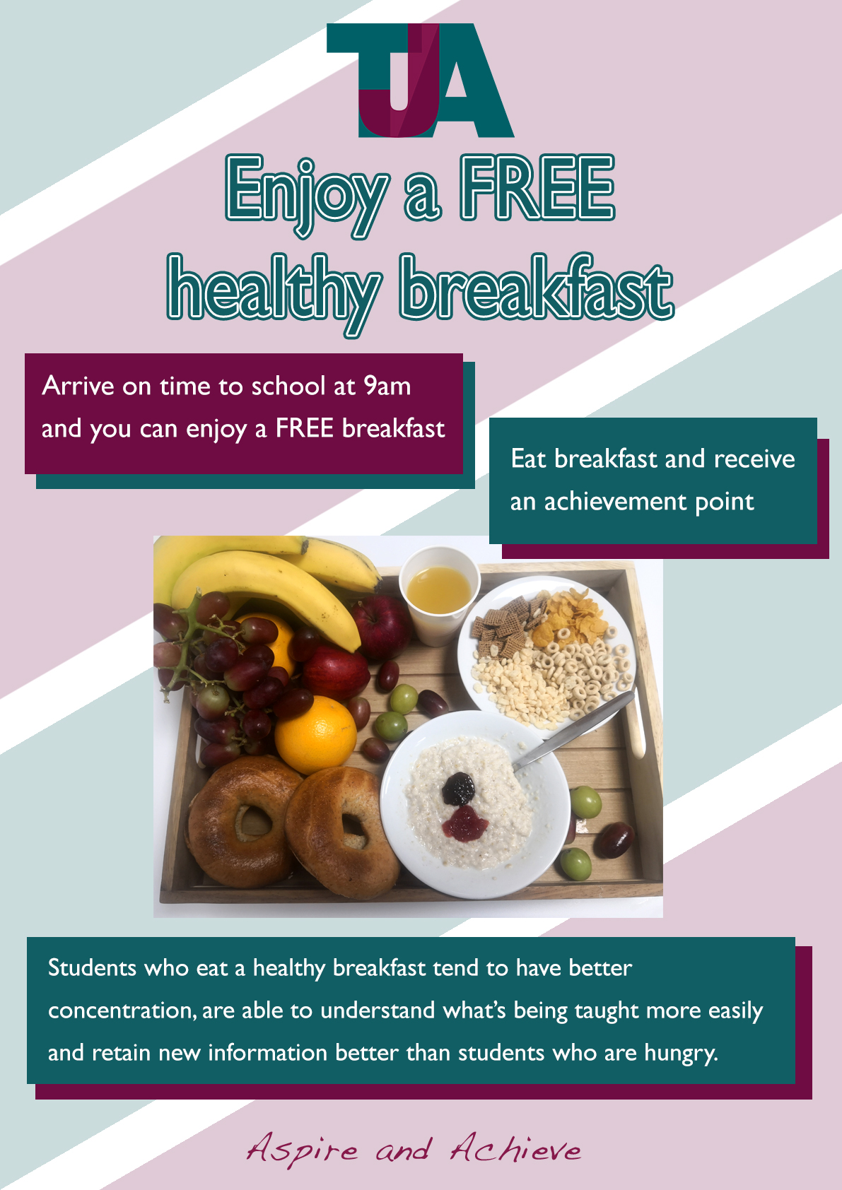 A poster advertising the free health breakfast offered to students at The Jubilee Academy